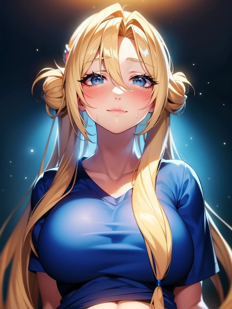 1 garota, Sozinho, retrato de uma mulher com cabelo loiro, tranças longas e esvoaçantes, vestindo uma camisa azul, vestindo uma camiseta, camisa amarrada com nó de camisa, umbigo exposto, ilustração de anime, garotas de anime, cores vivas, características faciais detalhadas, iluminação dramática, pintura digital, tendências no artstation