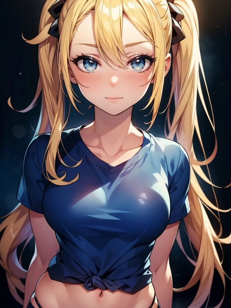 1girl, solo, portrait of a woman with blonde hair, long flowing pigtails, wearing a blue shirt, wearing a t-shirt, shirt tied in a shirt knot, exposed navel, anime illustration, anime girls, vivid colors, detailed facial features, dramatic lighting, digital painting, trending on ArtStation