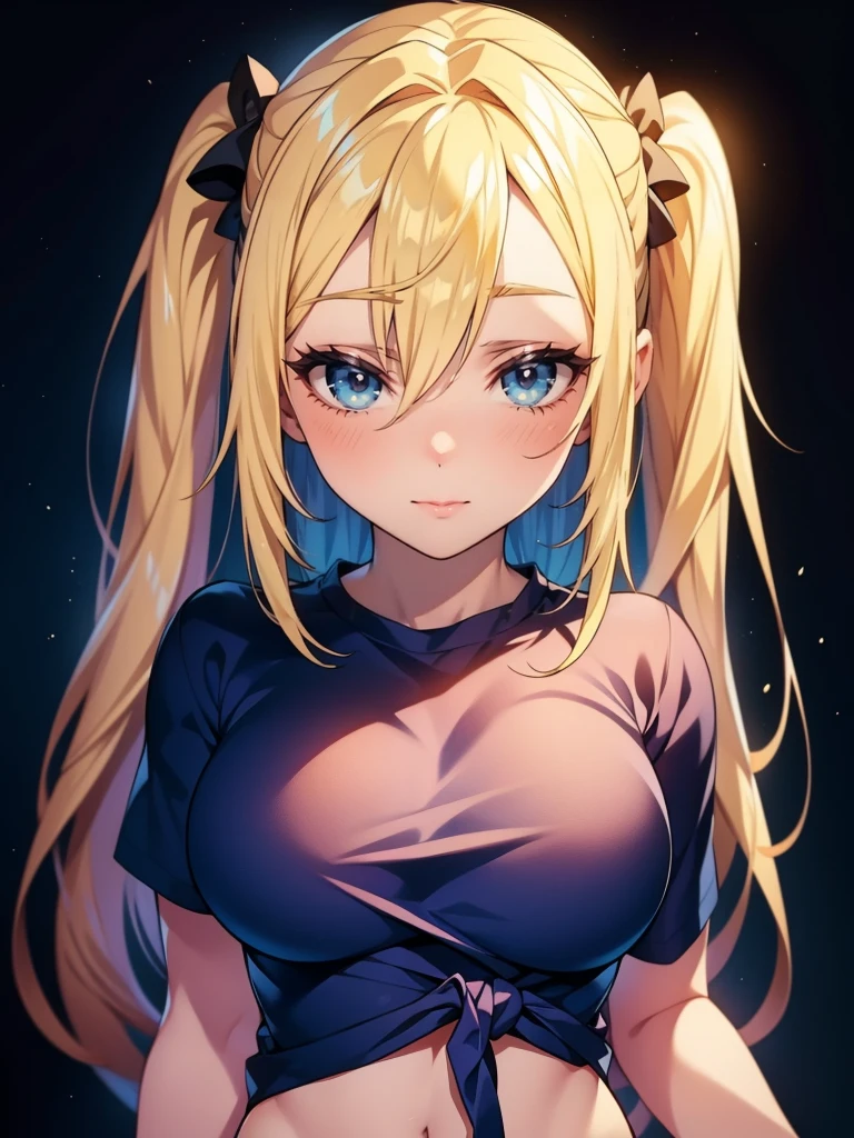 1girl, solo, portrait of a woman with blonde hair, long flowing pigtails, wearing a blue shirt, wearing a t-shirt, shirt tied in a shirt knot, exposed navel, anime illustration, anime girls, vivid colors, detailed facial features, dramatic lighting, digital painting, trending on ArtStation