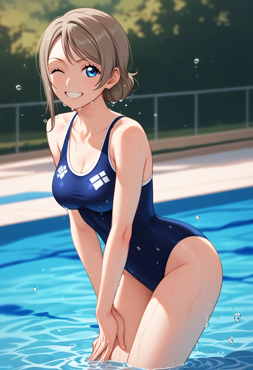 (masterpiece), 8k wallpaper, alone, Watanabe Yo, Are standing, In-person audience,School corridor, Side bust,One piece swimsuit,Low cut at hips, blue eyes, Beautiful and exquisite face and eyes, Half body in the pool , Recall,Wet, (Shiny water droplets:1.2), smile , Leaning forward , Wedge Shape,Exposing her ass , Underarm, adjust,Wink