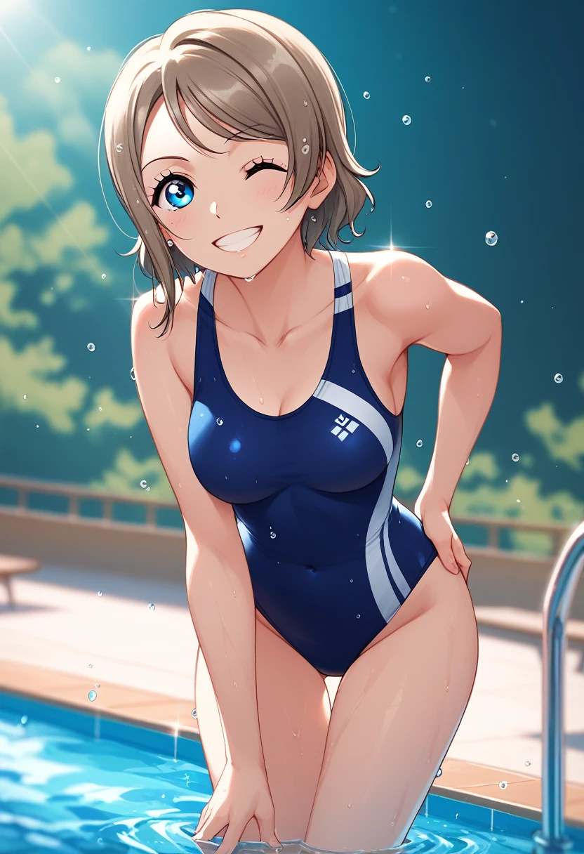 (masterpiece), 8k wallpaper, alone, Watanabe Yo, Are standing, In-person audience,School corridor, Side bust,One piece swimsuit,Low cut at hips, blue eyes, Beautiful and exquisite face and eyes, Half body in the pool , Recall,Wet, (Shiny water droplets:1.2), smile , Leaning forward , Wedge Shape,Exposing her ass , Underarm, adjust,Wink