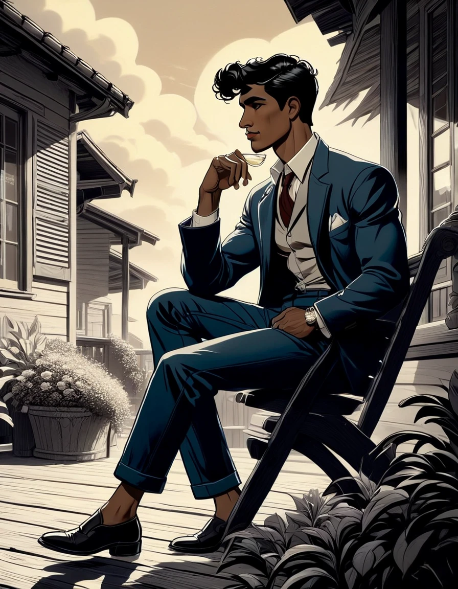 A man sitting on the porch of a country house, with a drink in his hand, enjoying a quiet moment. (( fullbody)), In leng jun and norman rockwell art style, hd, 8k resolution, FULLBODY, 16k resolution, hd, fullbody, ((view from ABOVE)) A young man, latino, cinnmon skin, thin face, straight nose, thin lips, square chin, large black eyes, short black, wavy hair, in roberto ferri style, aesthetic slim athletic body, very tall, latino, realistic skin, gorgeous, realistic detailed tonned muscles, barefoot, perfect anatomy, muscled fitness body, 195cm tall, realistic skin, skinny realistic detailed muscles, he is shiertless, barefoot, wearing jeans and blue cap ((side view, storbe lighting, Leading Lines composition )) background TEXAS, pastoral scene (masterpiece, top quality, best quality, official art, beautiful and aesthetic:1.2), (1naked man:1.4), portrait, extreme detailed, highest detailed, simple background, 16k, high resolution, perfect dynamic composition, bokeh, (sharp focus:1.2), super wide angle, high angle, high color contrast, medium shot, depth of field, blurry background,potma Still,DonMn1ghtm4reXL,ink ,style, UHD, 8K, intricate, highly detailed, perfect volumetric light, epic light, urban art masterpiece, charcoal drawing, intense colors, vibrant colors, prefect detailed feet, chromatic aberration, vintage style, abstract, ((full body)), vintage_p_style, sensual, mysterious, powerful aura,vintage_p_style,GLOWIN