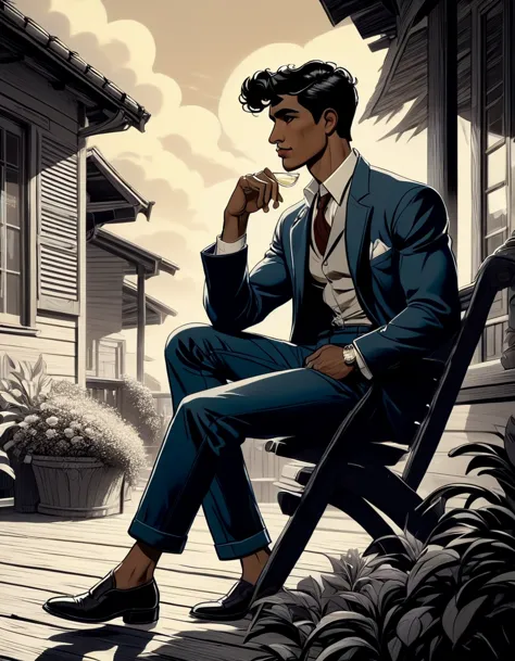 a man sitting on the porch of a country house, with a drink in his hand, enjoying a quiet moment. (( fullbody)), in leng jun and...