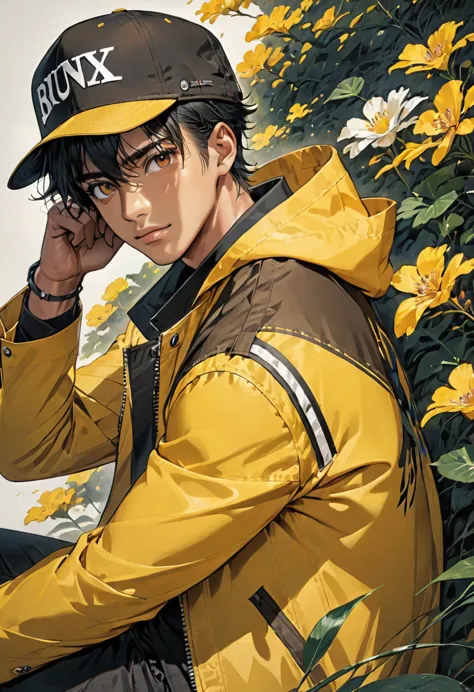 guy, dark skin, black hair, brown eyes, yellow jacket, black hat 