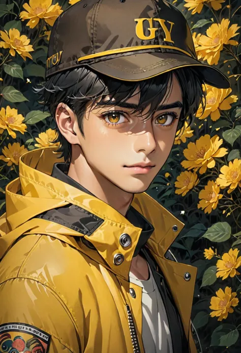 guy, dark skin, black hair, brown eyes, yellow jacket, black hat 