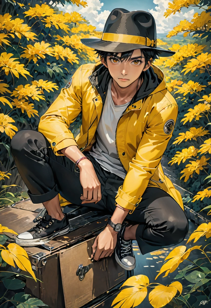 guy, dark skin, black hair, brown eyes, yellow jacket, black hat 