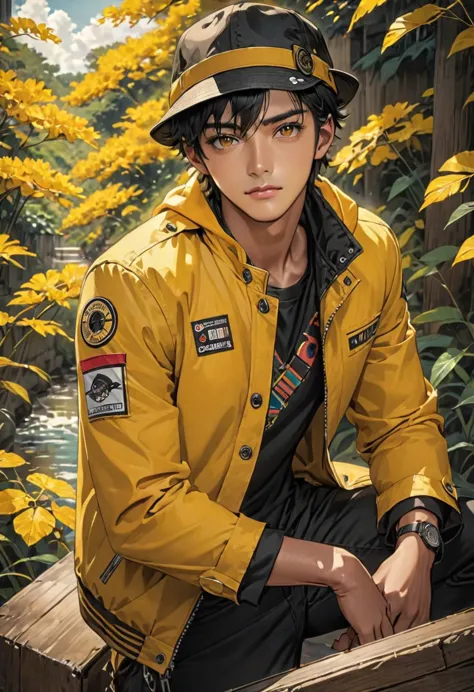 guy, dark skin, black hair, brown eyes, yellow jacket, black hat 