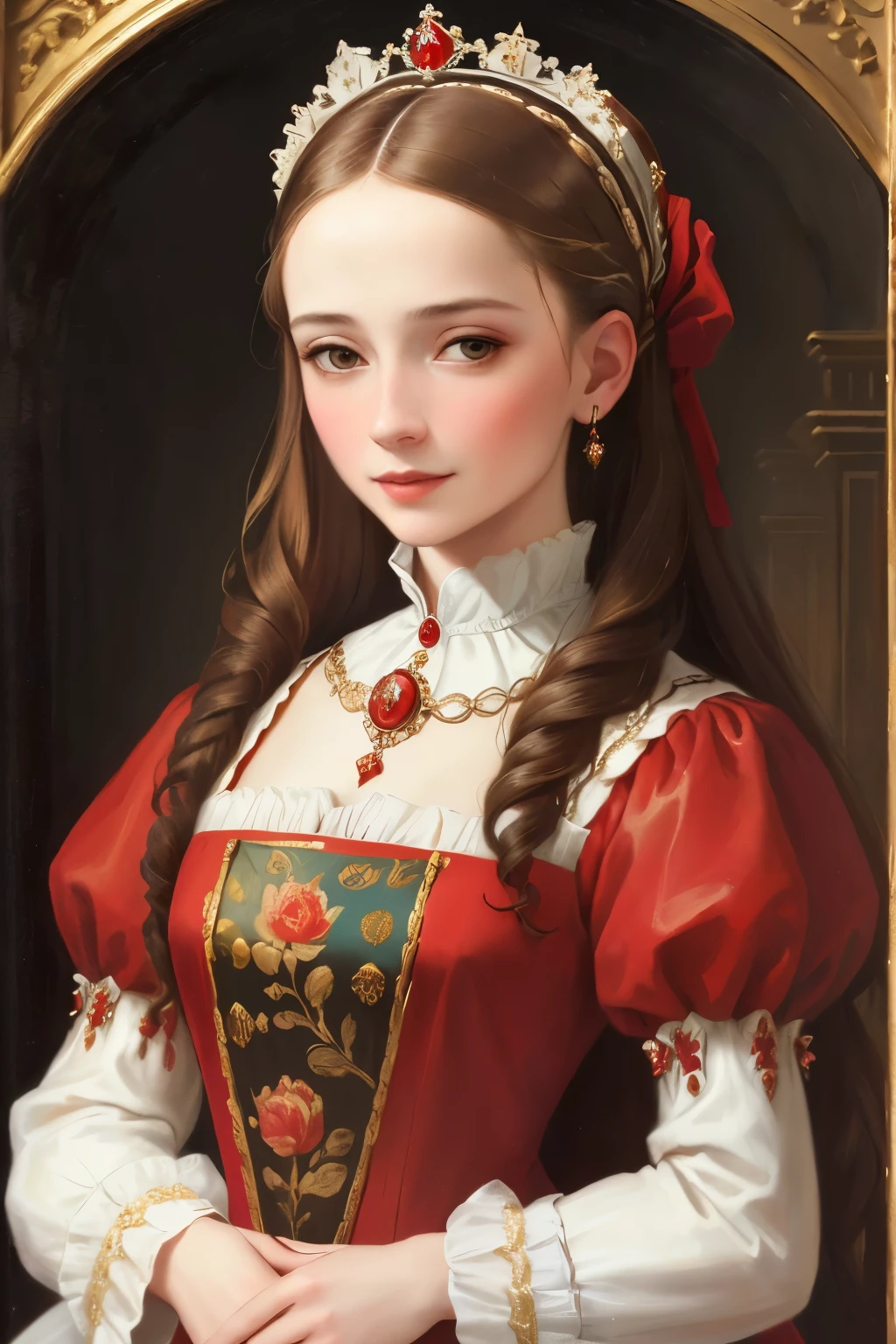 uma pintura de uma mulher em um vestido vermelho com um colarinho branco, Retrato de uma rainha, 1 duquesa do século 7, como uma nobre elegante, inspired Direção: Sofonisba Anguissola, Retrato a óleo dos anos 1500, vestindo roupas elegantes Tudor, Direção: Sofonisba Anguissola, pintado em 1530, inspirado na pintura de Eleanor Vere Boyle