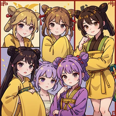((Best Quality, ancient china, 1 girl)) brown fur ((bun hairstyle)) , purple eyes, yellow tunic ((completely yellow))
