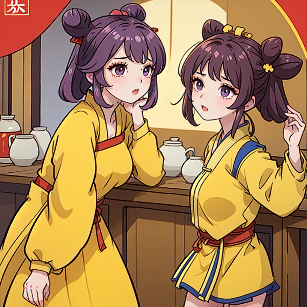 ((Best Quality, ancient china, 1 girl)) brown fur ((bun hairstyle)) , purple eyes, yellow tunic ((completely yellow))
