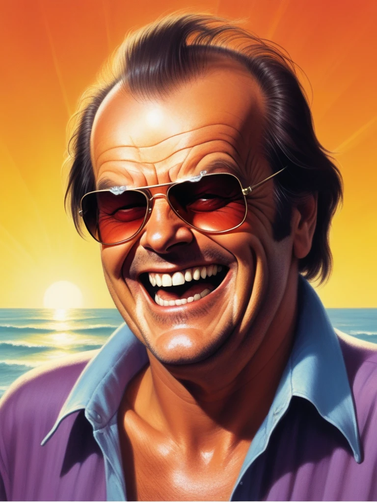 capa de um velho romance chamado "cintilante" retratando um horror Jack Nicholson, rindo de forma maníaca com dentes perfeitos,  com óculos de sol sob o sol quente e brilhante
 