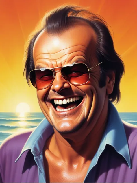 cover of an old novel called "glimmering" portraying a horror Jack Nicholson, laughing maniacally with perfect teeth,  with sung...