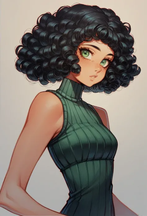 one girl, green eyes, curly hair, black hair, curly bangs, lightskin, retrato