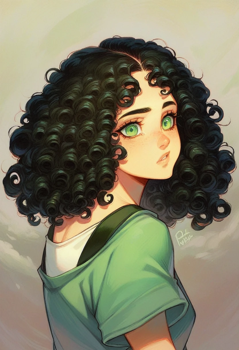 One girl, green eyes, curly hair, black hair, curly bangs, lightskin, retrato