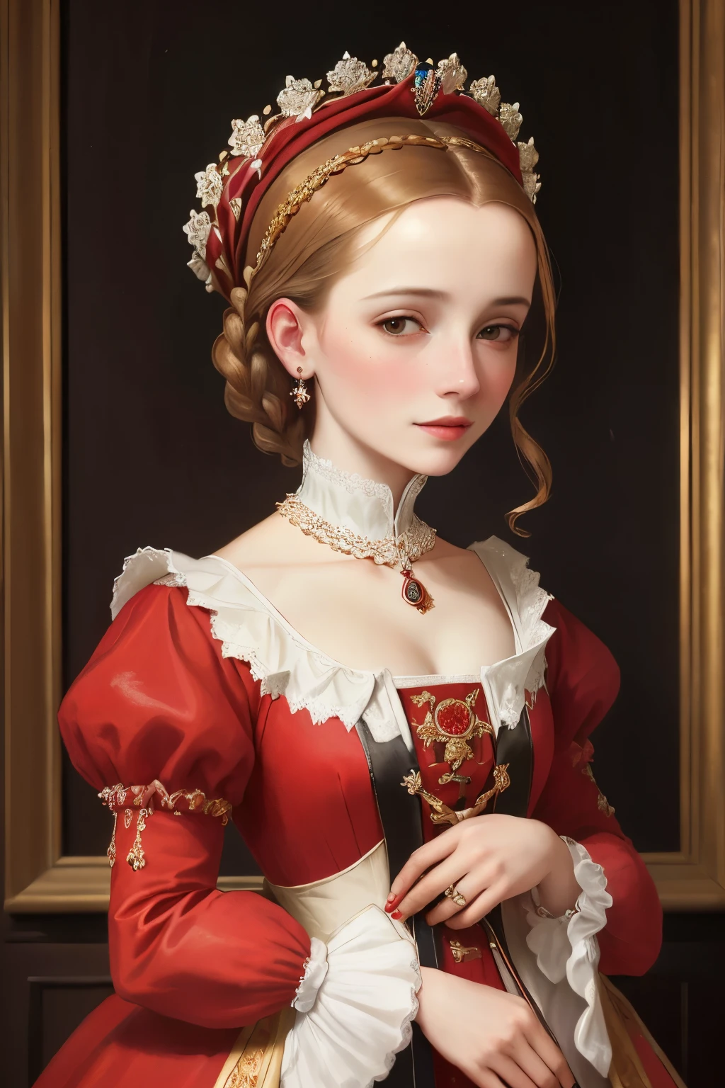 ein Gemälde einer Frau in einem roten Kleid mit weißem Kragen, Porträt einer Königin, 1 Herzogin des 7. Jahrhunderts, als elegante Adlige, inspiriert von Sofonisba Anguissola, Ölporträt aus dem 16. Jahrhundert, Elegante Tudor-Kleidung tragen, by Sofonisba Anguissola, gemalt im Jahre 1530, inspiriert von Eleanor Vere Boyle