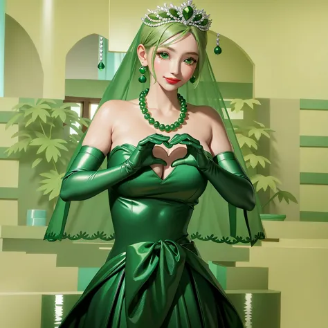 Emerald tiara, Green Pearl Necklace, ボーイッシュな非常に短いGreen Hair, Green Lips, Smiling Japanese woman, Very short hair, Busty beautifu...