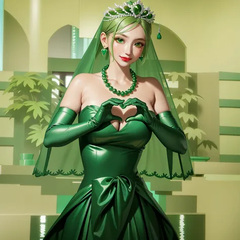 Emerald tiara, Green Pearl Necklace, ボーイッシュな非常に短いGreen Hair, Green Lips, Smiling Japanese woman, Very short hair, Busty beautifu...