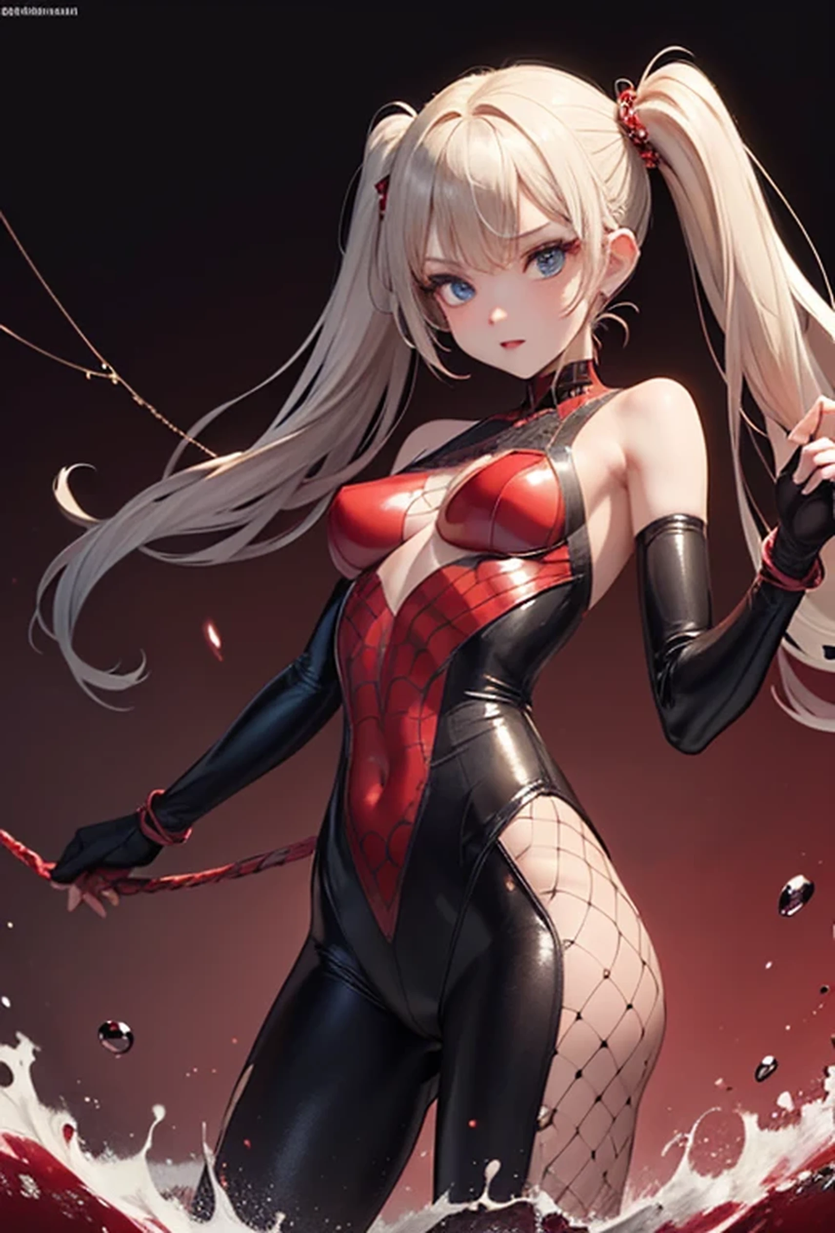 (Super detailed、Ultra-high resolution、8K masterpiece、Vibrant colors)、((Flat Color))、((Floating red water))、Dark Background、
cyber punk、Bound Spider Girl、(Spider tight suit with high leg leotard、My chest opens wide)、(Soryu Asuka Langley)、Angle from below
(Big Breasts)、（胸にArachneのタトゥー、Arachne:1.2)、 (Lift your hips、Spread your legs、look back、Random Sexy Poses)、spiderweb、 (midium Hair:1.2,Blunt bangs、Twin tails、Vermilion, gold and silver hair、hair ornaments、Beautiful blue eyes、Brown Skin、Red lipstick)、TWICE&#39;s Tzuyu&#39; on pause、Stoic、Plump nipples、Beautiful hip line、(cameltoe)