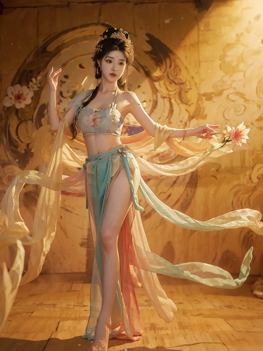 Top quality, masterpiece, 超high resolution, (lifelike: 1.4) 1 girl, beautiful_Face, Delicate skin, Full body female, Jewelry, Solitary, earrings, (Tuesday: 1.3), Fuzzy, Practical, Lips, Dunhuang style, (Tangled: 1.2), (flower: 1.4), Large Breasts, Exposing the belly, Thin, What's the big deal, ancient, Top quality, masterpiece, Very detailed, high resolution, 8K, Intricate details, Practical, lifelike, Dramatic Lighting, 1 girl, Dunhuang_cloThing, Dunhuang_skirt, 部分被cloThing覆蓋, (view: 1.3), 透過薄Thin面紗, Breasts can be seen at a glance, Create attractive and suggestive effects, Look at the contours of her skin and breasts, dance