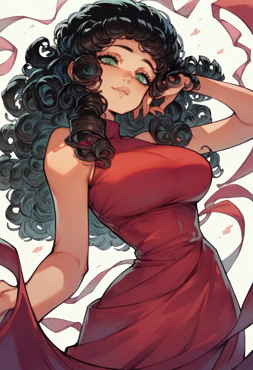 One girl, green eyes, curly hair, black hair, curly bangs, lightskin, retrato, big breasts, red dress, neckline