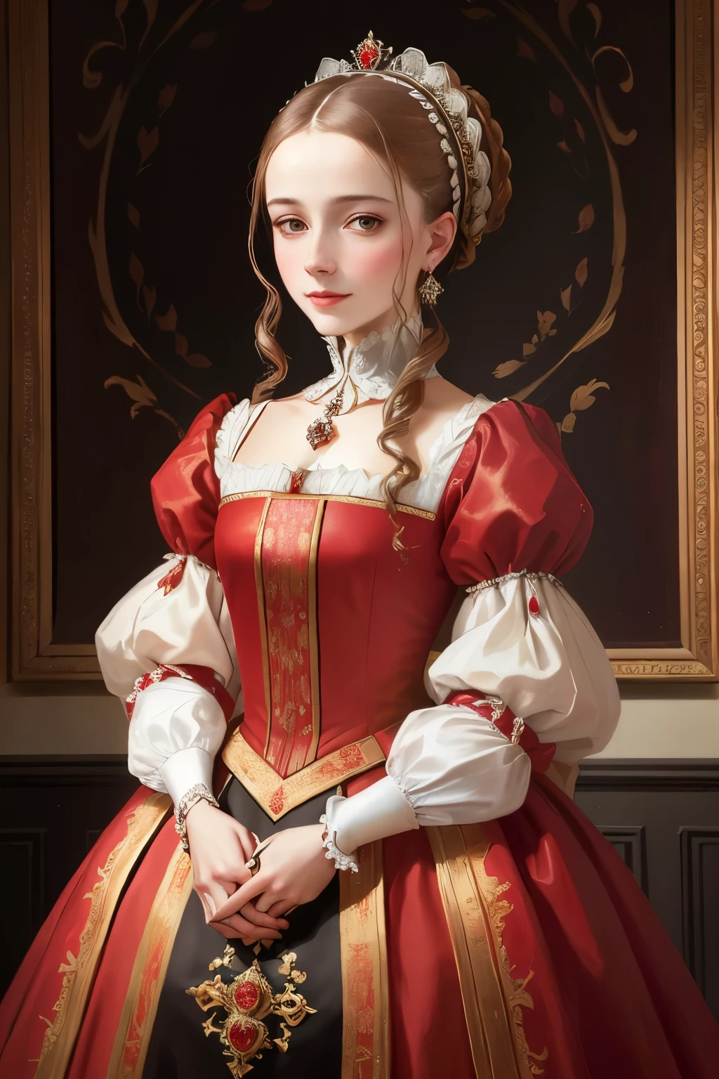 ein Gemälde einer Frau in einem roten Kleid mit weißem Kragen, Porträt einer Königin, 1 Herzogin des 7. Jahrhunderts, als elegante Adlige, inspiriert von Sofonisba Anguissola, Ölporträt aus dem 16. Jahrhundert, Elegante Tudor-Kleidung tragen, by Sofonisba Anguissola, gemalt im Jahre 1530, inspiriert von Eleanor Vere Boyle