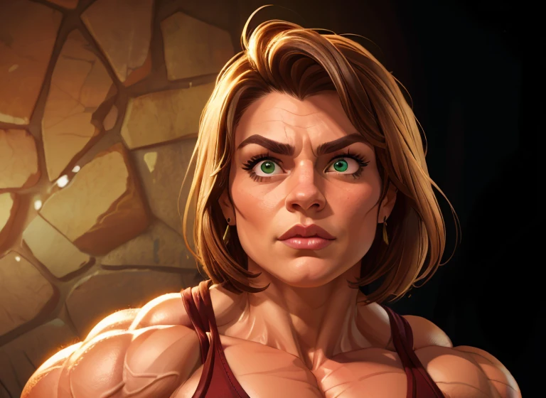 (masterpiece:1.2), (best quality), (ultra detailed), (8k, 4k, intricate),(full-body-shot:1), (highly detailed:1.2),(detailed face:1.2), (detailed background), muscle woman with dark hair, woman with huge muscles, mature woman, stern expression, green eyes