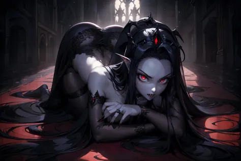 absurdres, ((stunning female Vampire))), goth Renaissance, (long black hair:1.erfect and detailed angular sharp oval shaped face...