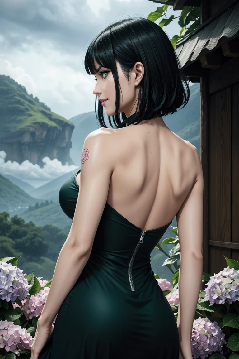 The best one,One Punch Man,Fubuki from Hell,Emerald green eyes,Beautiful black hair,Bangs down,Light green inner hair,Black long dress,Photorealistic,Ultra HD,high quality,masterpiece,Digital SLR,Detailed details,Intricate details,Anatomical basis,Depicted in detail,A detailed face,Realistic skin texture,Vivid details,Perfect Anatomy,Perfect Anatomy,Anatomically correct hand,Anatomically correct fingers,Super Detail,Complex 3D rendering,Huge ,Sexy pose,Beautiful back view,Rainy Sky,Beautiful scenery,Fantastic rainy sky,Fantasy worldview,Picturesque,Pink Lips,Beautiful hydrangea,butterfly々Fluttering,smile,