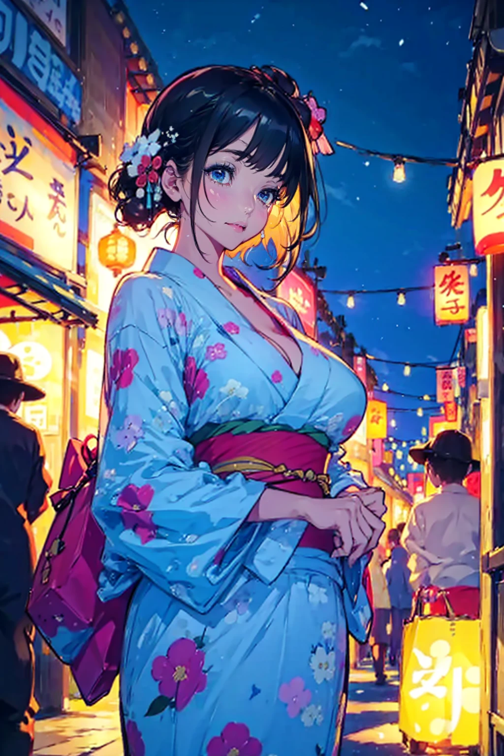 1girl,solo,cute,bigbreast,cleavage,yukata,in night,outdoor,summer festival,brilliant