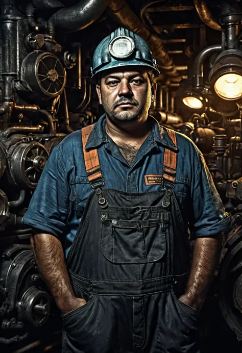 (((Portrait of a 21st century Brazilian engine room worker ))), fat, and rough face stained with soot, photorealistic details, (...