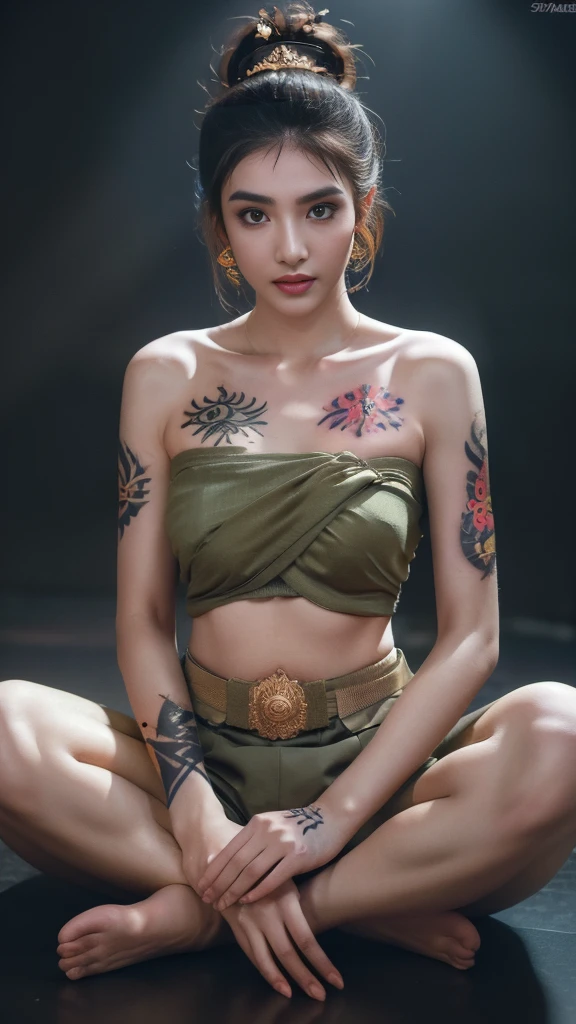 Masterpiece, Highest quality, HDR, high contrast,    ((beautiful girl, Thai female soldier)),   ((skin tattoo)).   Bun hair,  Highly detailed lips,     Detailed eyes,     Double eyelids,    Makeup.    

((Thai Fluke Set, Strapless shirt)),

Long legs_full body.    sit down.    Under the floor.   ((dark background))