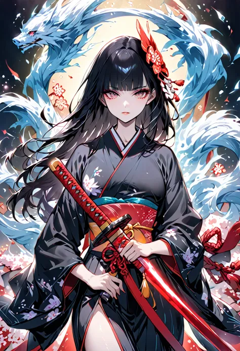 highest quality、masterpiece、high resolution、masterpiece、4k 、long black hair、bangs、ice element、japanese clothing、hanafuda、with a ...