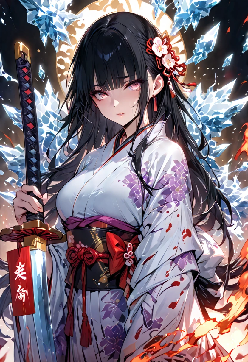 Highest quality、masterpiece、High resolution、masterpiece、4K 、Long black hair、bangs、Ice element、Japanese Clothing、I was injured、With sword, Shining Japanese sword、Hanafuda、Gentle sauce eyes