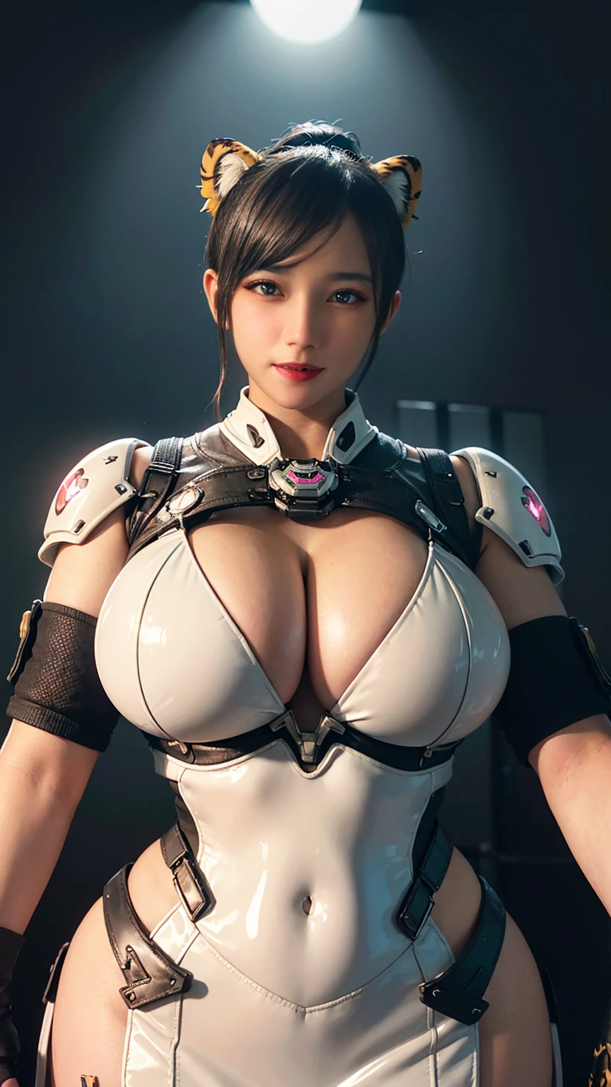 Solo, Stand Up Straight, Physically-based Rendering, Unreal Engine 5 Render, Jealous, (look Half Body:1.5), ((muscle And Bbw Body Type:1.4)), beautifull Breasts,((cleavage, Sexy Busty & Gigantic fake Breasts:1.5)), (expose 11 line Abs:1.4), (Huge Hips:1.3), ((beautiful Cyborg Woman+Futuristic breastplate Tiger beast armor from OVERWATCH 2, Guard Arms, Gloves:1.5)), (close Up Upper Body), ((pale Skin+Body Oiled:1.3)), (clean Glossy Bodyskin:1.4), (background Futuristic Space Station:1), (bokeh, photorealsitic:1.4), (ultra-detailliert), (top-quality:1), (best Shadows), Bright Light In Room, Hyper Texture, (4x Msaa), ((unreal Engine 5 Render)), (neon), Physically-based Rendering, Ultra Hight Definition, 16k, 1080p, Beauty Model, 4k Resolution.