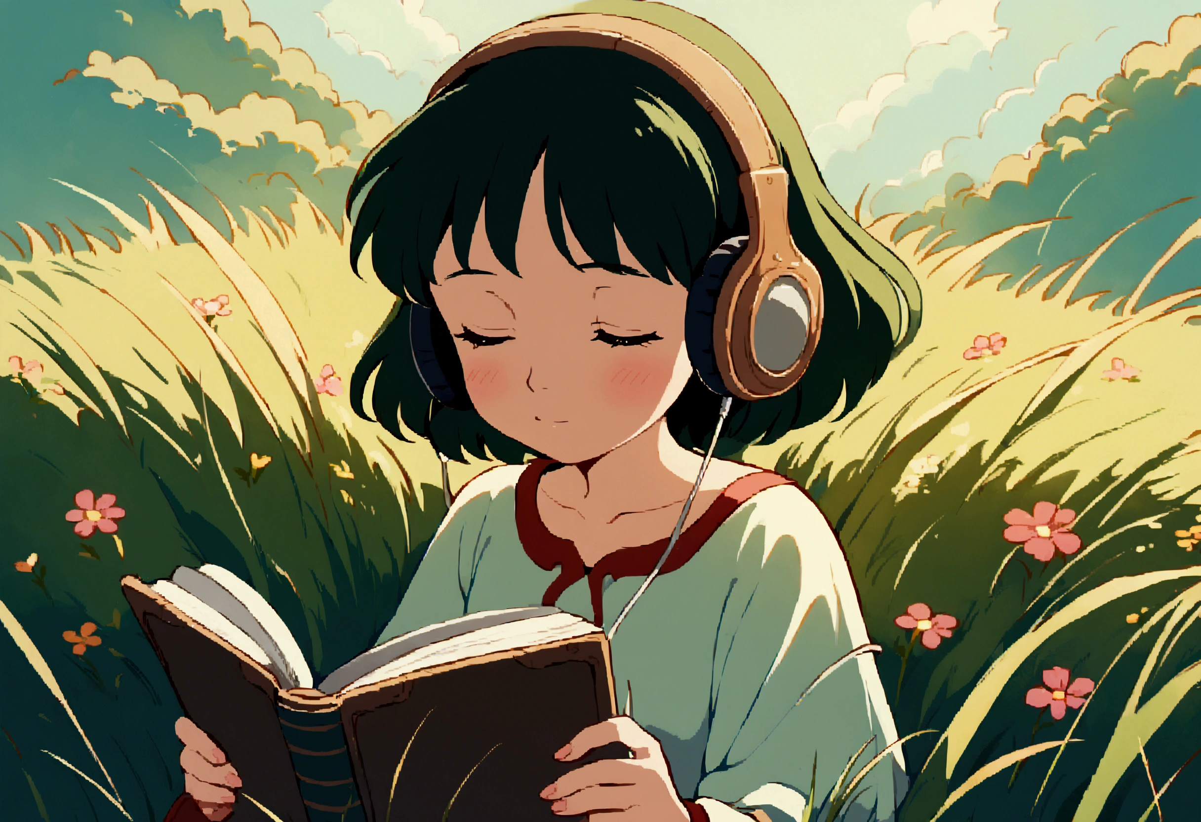 a cute girl sitting on grass full of beautiful flowers, (medium grass:1.3), wireless headphone on ear, eyes closed, simple, holding drawing book, listening to music, Studio Ghibli style, grass sway to the side, ghibli studio inspired, whimsical, airy, calm, serene, chill, ghibli, anime, ethereal