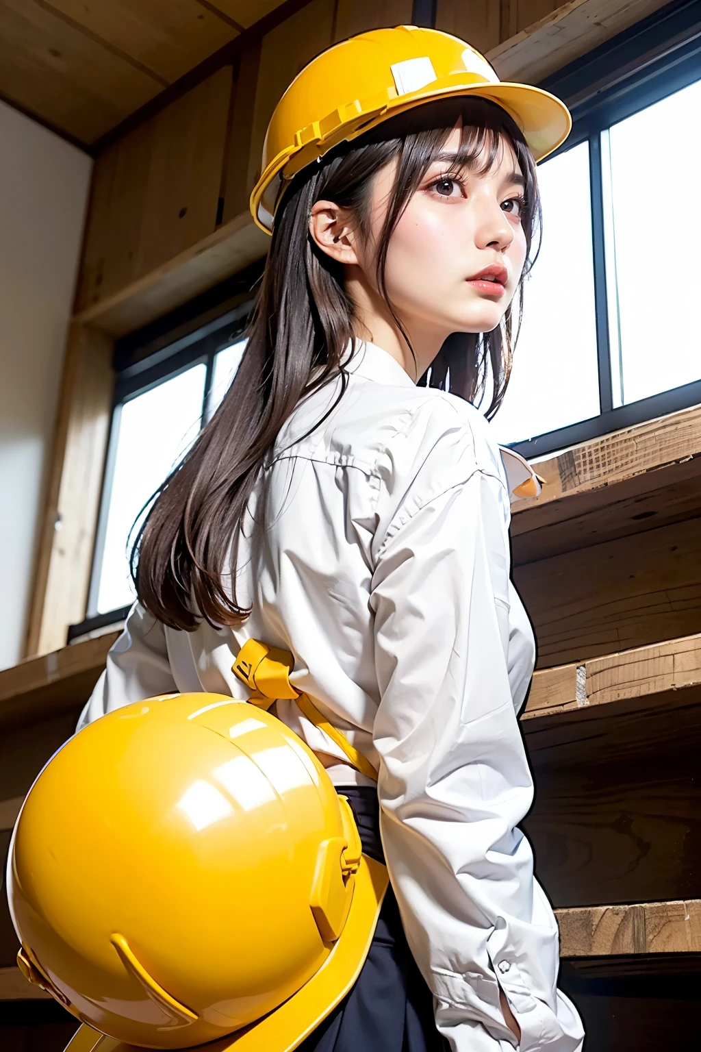 Masterpiece, bokeh, Beautiful face, (Japanese idle:1.6), (summer school uniform:1.3), (Looking back in  Building construction site:1.3), (Yellow helmet:1.3), (From below:1.5), 