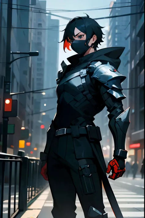 1male , black hair , black eyes , black bodysuit , armored clothing , face mask , perfect generation , standing on sidewalk , mo...