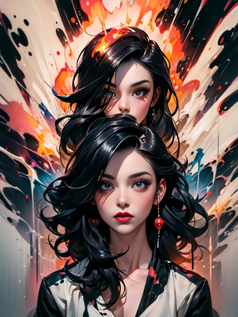 masterpiece, Best quality, ultra high resolution, Beautiful, elegant, Elegant, Award-winning art, 1 girl , portrait, half naked, (style Yuko Shimizu:1.1), (Abstract art:1.2), Red lips, Silent man in chaodel pose at fashion show, style by Rebecca Guy, black hair, red fire , enveloped in flames, dark theme, Visually stunning, fabulous