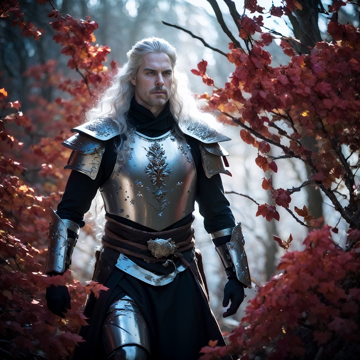 Create an AI-generated image depicting the climactic duel between Rhaegar Targaryen, the Crown Prince of the Seven Kingdoms, and Robert Baratheon, the rebel lord, during the Battle of the Trident. Show Rhaegar and Robert locked in single combat, their weapons clashing amidst the chaos of the battlefield. Rhaegar, clad in his rubies-encrusted silver armor, stands with regal grace, his silver-gold hair flowing behind him as he wields his longsword with precision. His violet eyes reflect determination as he faces off against his formidable opponent. Robert Baratheon, towering over Rhaegar with his impressive height and muscular build, swings his warhammer with lethal intent. Show the weapon crashing down with thunderous force, smashing through Rhaegar's armor and delivering a fatal blow. Capture the tension and intensity of the moment as Rhaegar staggers backward, his once-proud armor rent asunder and blood staining his silver-gold hair. His violet eyes reflect the stark realization of his mortality as he collapses to the ground, his life extinguished by the force of Robert's blow. In the background, depict the battlefield engulfed in chaos, with armies clashing and banners fluttering in the wind. Let the scene convey the magnitude of Rhaegar's fall, signaling the end of an era and the dawn of a new age in Westerosi history. Overall, create an immersive and dramatic image that captures the pivotal moment of Rhaegar Targaryen's death, leaving an indelible mark on the hearts and minds of those who witnessed his fall.
