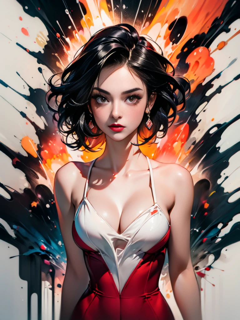 masterpiece, Best quality, ultra high resolution, Beautiful, elegant, Elegant, Award-winning art, 1 girl , portrait, half naked, (style Yuko Shimizu:1.1), (Abstract art:1.2), Red lips, Silent man in chaodel pose at fashion show, style by Rebecca Guy, black hair, red fire , enveloped in flames, dark theme, Visually stunning, fabulous