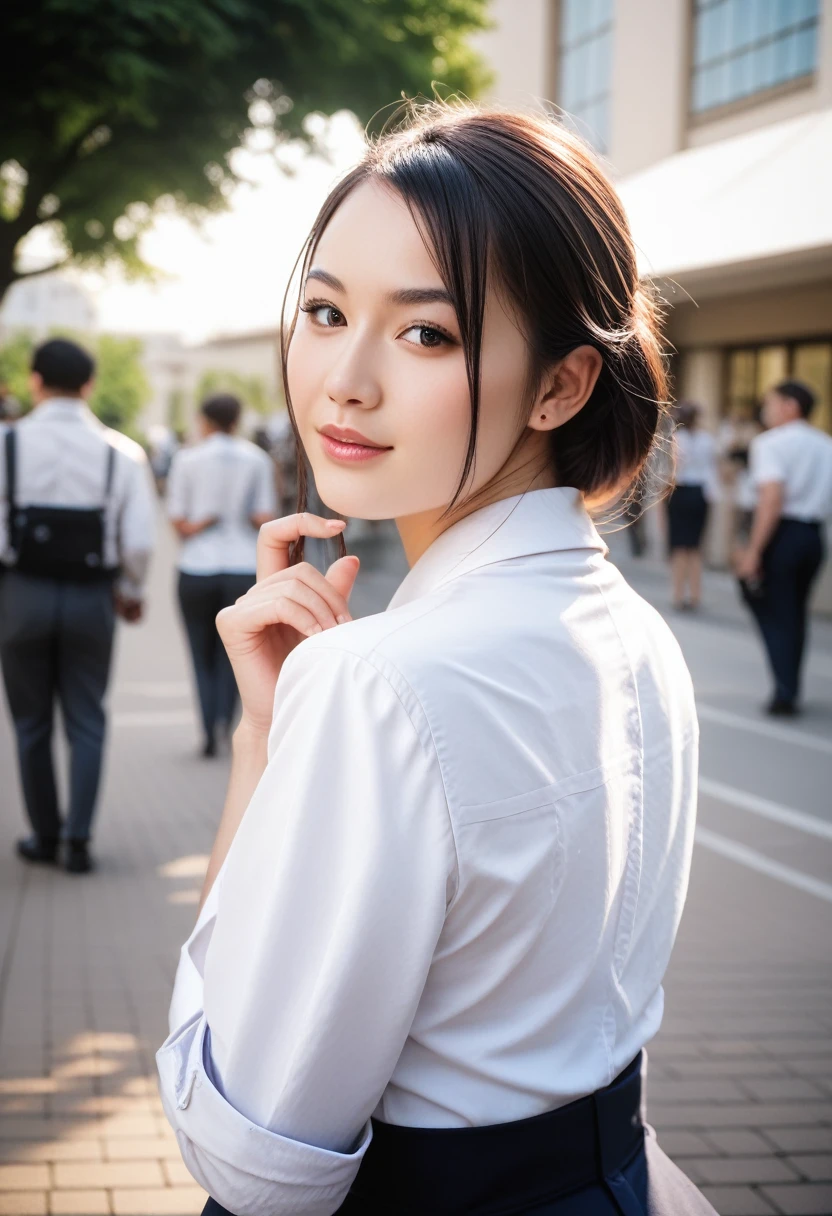 8k, raw photo, best quality, masterpiece, realistic, photo realistic, clear, professional lighting, beautiful face, best quality,ultra high res, realistic japanese beautiful, Super detailed, 1girl, outdoor, looking back