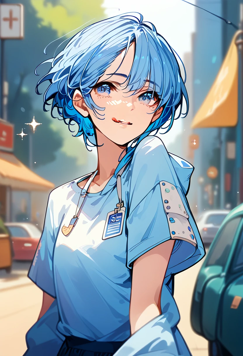 One girl, solo, High resolution, Shortcuts, Blue Hair/Light blue hair, Open your mouth a little, Blurred, Highest quality, Anatomically correct, accurate, Licking your lips, Cowboy Shot, Sparkle Effect, Background blur, far and near method, 