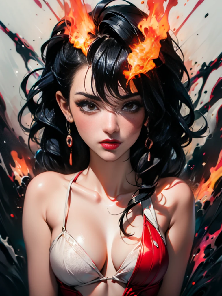 masterpiece, Best quality, ultra high resolution, Beautiful, elegant, Elegant, Award-winning art, 1 girl , portrait, half naked, (style Yuko Shimizu:1.1), (Abstract art:1.2), Red lips, Silent man in chaodel pose at fashion show, style by Rebecca Guy, black hair, red fire , enveloped in flames, dark theme, Visually stunning, fabulous