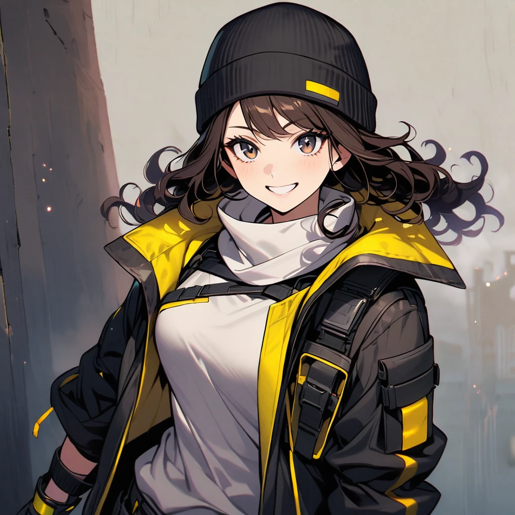 (well done:1) woman, short dark brown curly hair, black beanie, black eyes, black clothes with yellow details, white sweatshirt jacket over top, tactical boots, fingerless gloves, yellow tips in the hair.