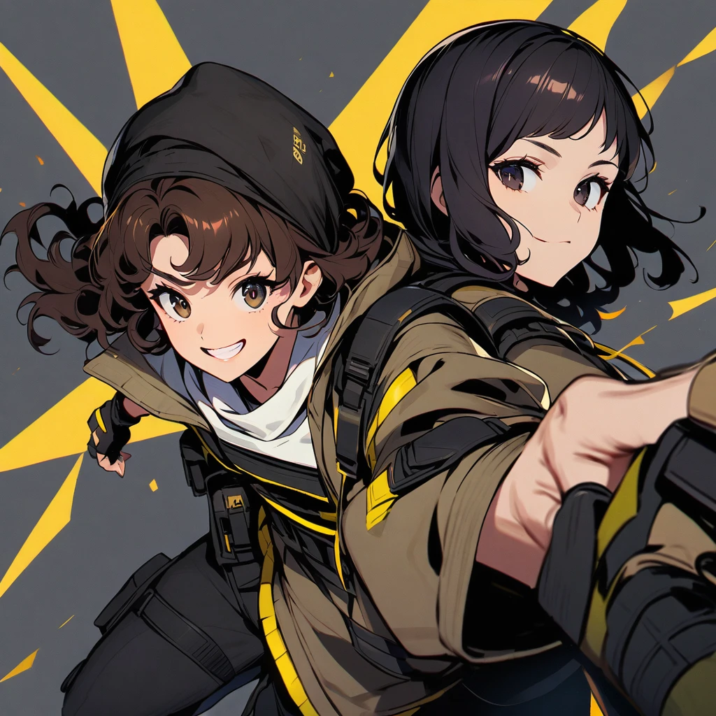 (well done:1) woman, short dark brown curly hair, black beanie, black eyes, black clothes with yellow details, white sweatshirt jacket over top, tactical boots, fingerless gloves, yellow tips in the hair.