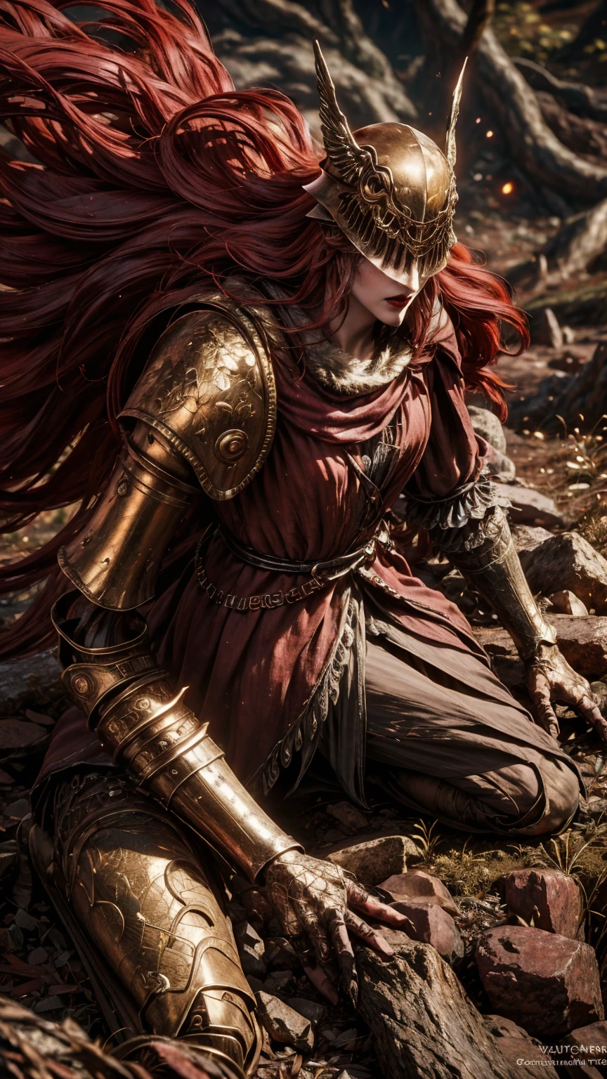 from above, high view shot, in the heart of Elden ring, a young beautiful Malenia, long red hair, blood hair, malenia's helmet, sexy malenia's armor, holding a large sword. On the slopes of a cursed tree that cries blood, dust, red energy, epic sensual pose, 3/4 profile and kneeling, create an dark atmosphere of Elden ring, energy and neon lights. good quality, ultra detailed, beautiful and aesthetically pleasing, masterpiece, 4k, ray tracing, medium body, close-up, low view, particles and hard neon sparkles, focus on red and black color, 