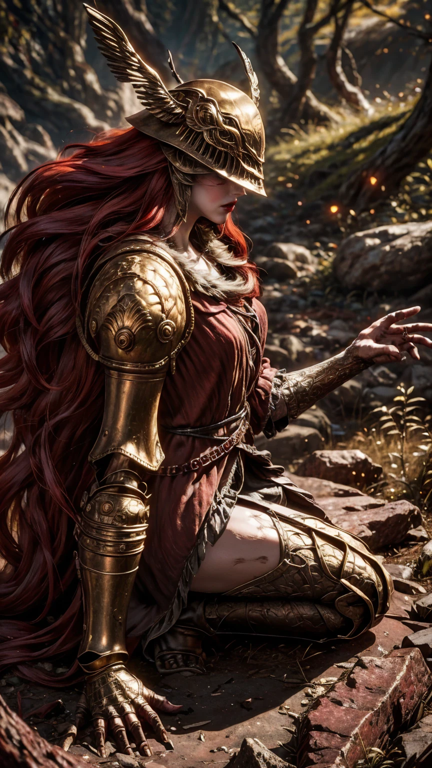 from above, high view shot, in the heart of Elden ring, a young beautiful Malenia, long red hair, blood hair, malenia's helmet, sexy malenia's armor, holding a large sword. On the slopes of a cursed tree that cries blood, dust, red energy, epic sensual pose, 3/4 profile and kneeling, create an dark atmosphere of Elden ring, energy and neon lights. good quality, ultra detailed, beautiful and aesthetically pleasing, masterpiece, 4k, ray tracing, medium body, close-up, low view, particles and hard neon sparkles, focus on red and black color, 