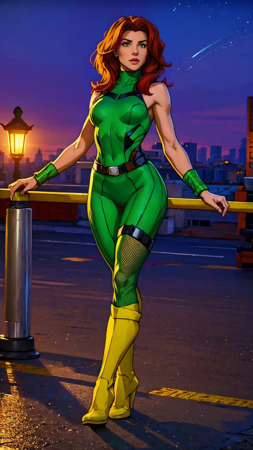 ((Full body photo, standing, feet on the ground)) (best quality, 4k, 8k, high resolution, masterpiece: 1,2), ultra-detailed, fishnet tights, (realistic, photorealistic, photorealistic: 1, 37), full body photo, Rogue, X-Men, yellow high boots, beauty pose, standing, show feet, outside, city roof at night, green bandana
