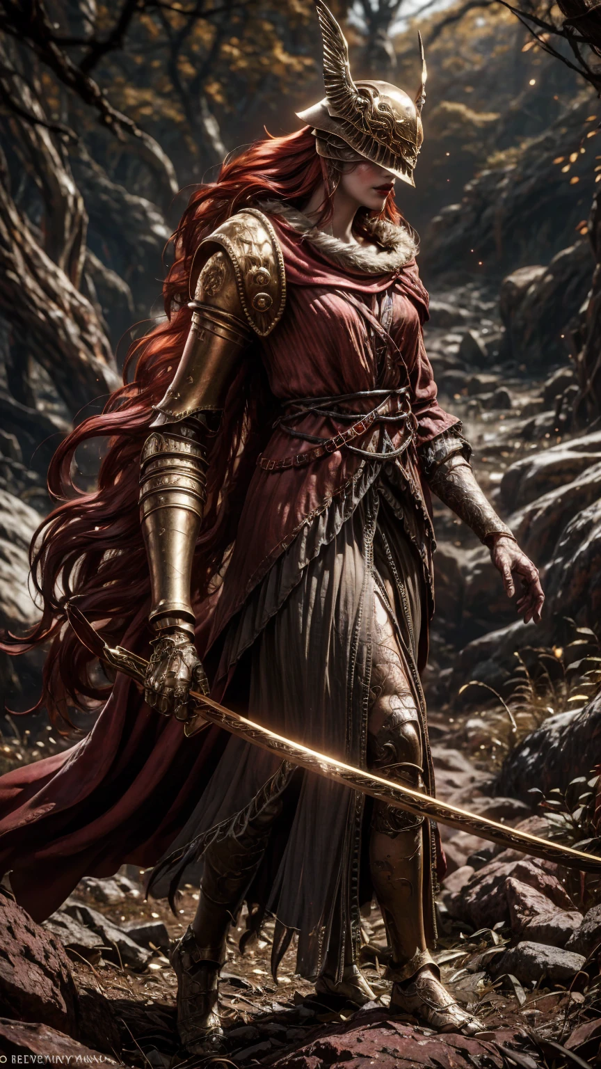 from above, high view shot, in the heart of Elden ring, a young beautiful Malenia, long red hair, blood hair, malenia's helmet, sexy malenia's armor, holding a large sword. On the slopes of a cursed tree that cries blood, dust, red energy, epic battle pose, 3/4 profile, overpowered pose, create an dark atmosphere of Elden ring, energy and neon lights. good quality, ultra detailed, beautiful and aesthetically pleasing, masterpiece, 4k, ray tracing, medium body, close-up, low view, particles and hard neon sparkles, focus on red and black color, dark filter, dark dusty atmosphere