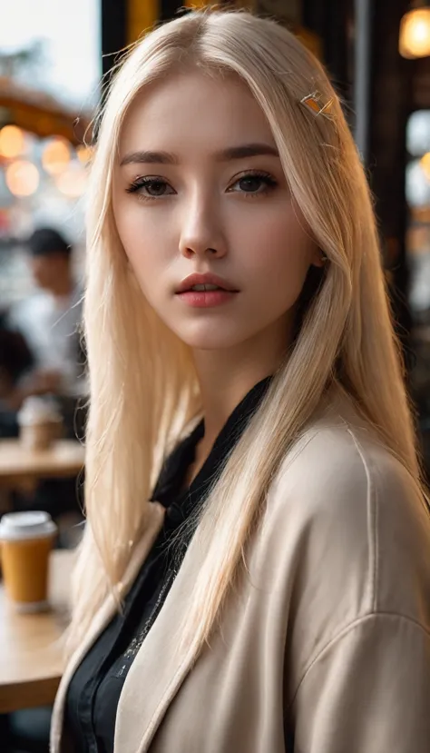 (standing portrait:1.2) of (zxzx:1) at cafe photograpy, boke, 4k, 500px, ultra realistic, close up, intense light blonde hairint...